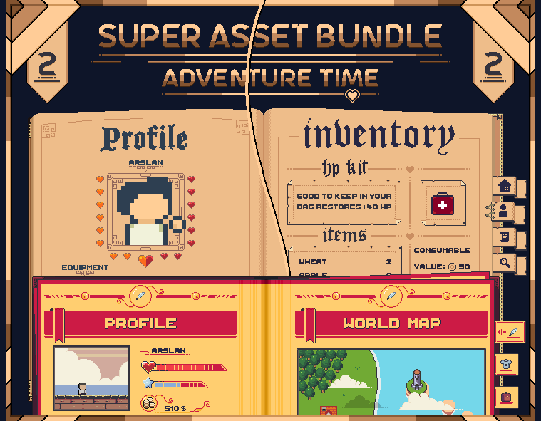 Super Asset Bundle #2 : Adventure Time 2d animation asset pack branding graphical user interface (gui) humblepixelofficial pixel art png sprites top down unity user interface (ui)