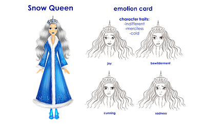 Snow Queen blue book character character design childrens illustration emotion chart emotions fairy tale girl hair illustration queen snow snowflake