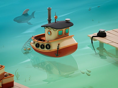 Little Fishing Boat 3D 3d art blender boat cartoon design fish fishing illustration render sea shark ship