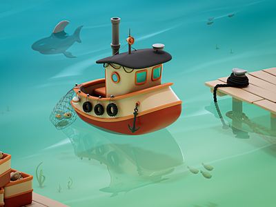 Little Fishing Boat 3D 3d art blender boat cartoon design fish fishing illustration render sea shark ship