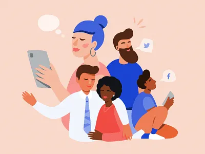 Community blockchain community crypto device diversity facebook figma fintech graphic design illustration man people social media speak vector illustration woman