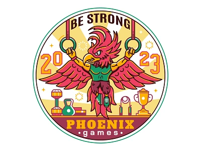 Phoenix Games Mascot bird character competition crossfit fire fitness games gym illustration line art mascot muscles phoenix print qatar sports sticker stong t shirt training