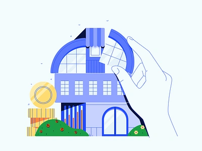 EstateGuru Hero Illustration 01 blue building coins construction door fingers flat illustration geometric hand hellsjells illustration investments minimal real estate realestate return statistics technology windows