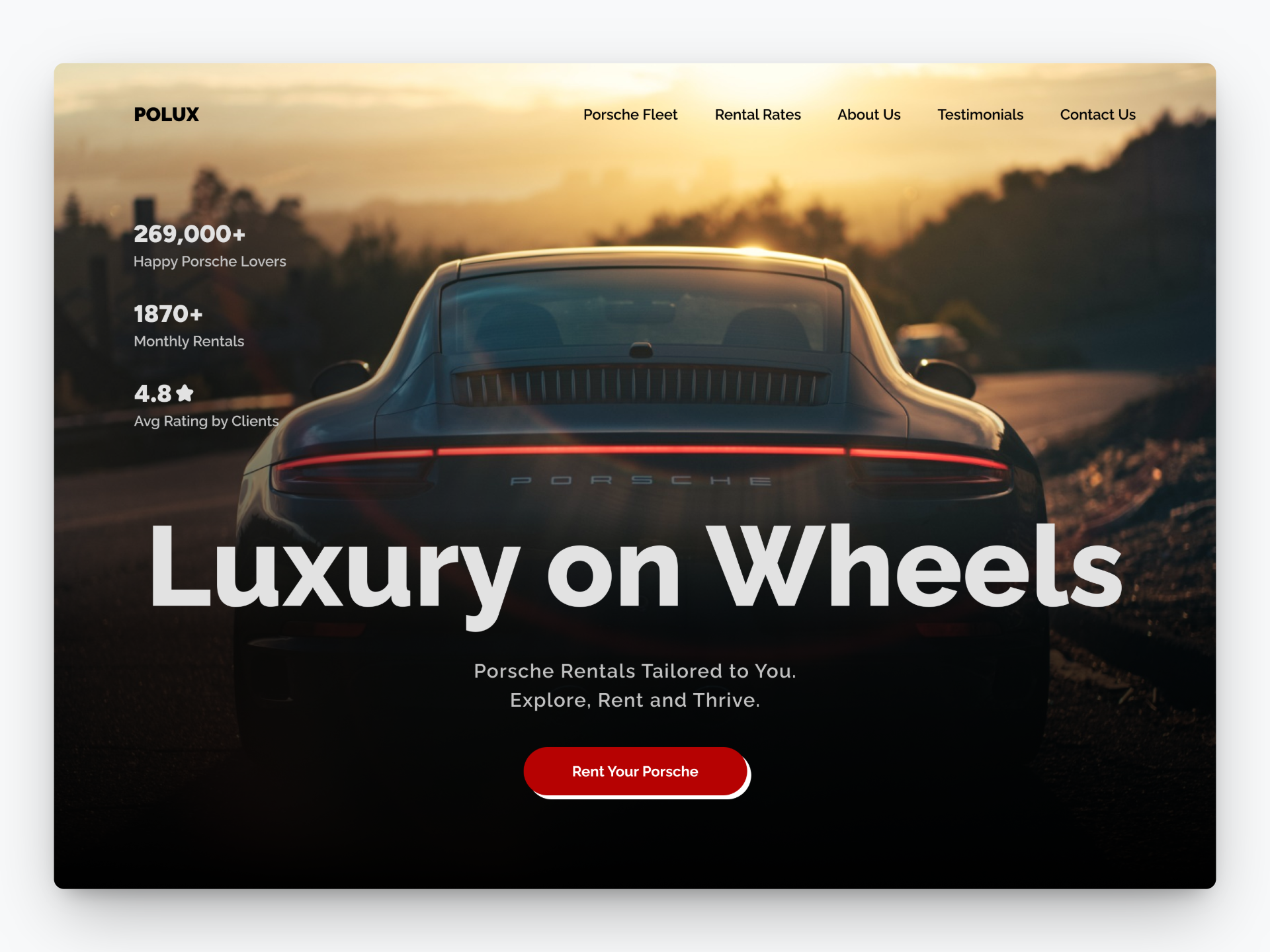 POLUX : Hero Section Design for a Luxury Car Rental Landing Page car concept conceptual design dark mode design figma hero section landing page luxury car rental porsche rental ui design web design website website design