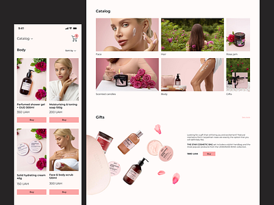 Beauty Products Website and Mobile Design beauty catalog page e commerce home page minimalism mobile design pink rose spa swiss typography ui ux web design