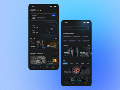 Workout & Diet Mobile App app design dark mode diet fitness gym gym app healthcare ios mobile app planner sport app ui ux workout yoga