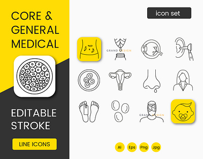 Medical professions icons set, core and general medical pathologist