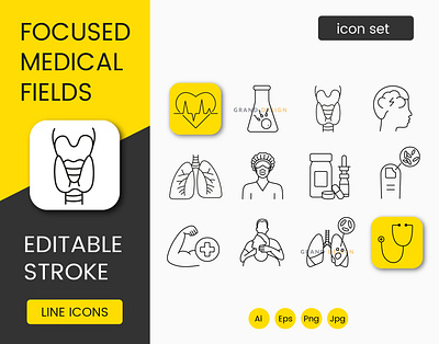 Focused medical fields, medical professions icons set endocrinologist
