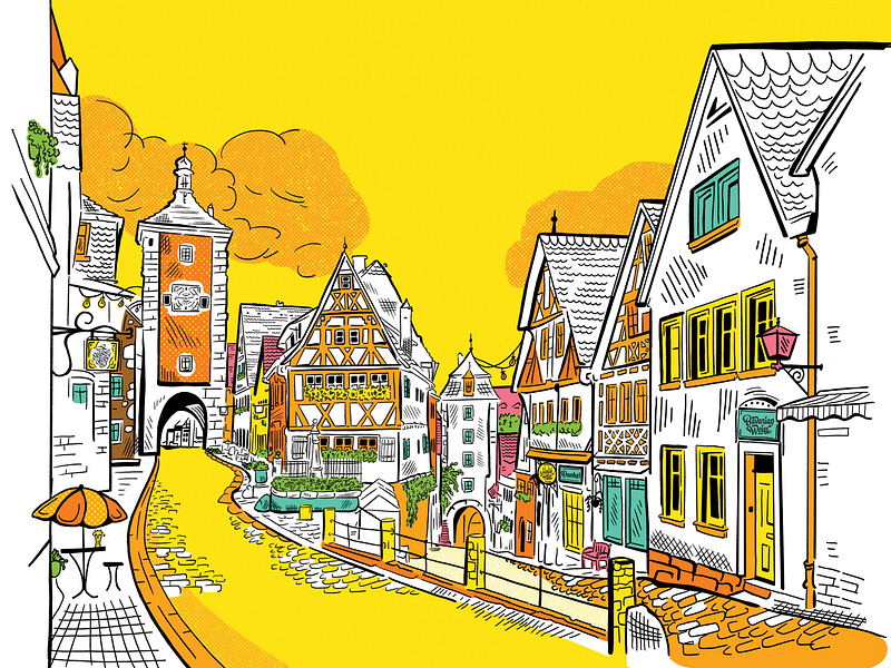 German Town Illustration architecture bavarian beer biergarten colorful drawing flat german germany hand drawn house illustration illustrator line art minimalistic patio scene streets town travel