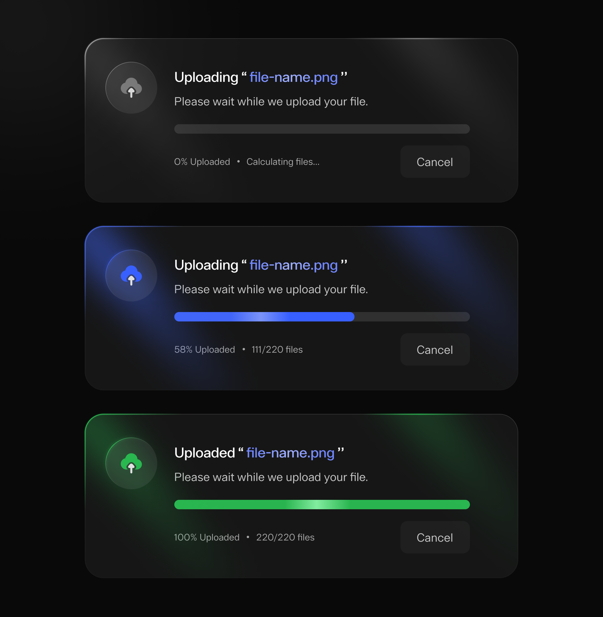 Upload Card Dark UI Design card design design system ui ui element uiux ux