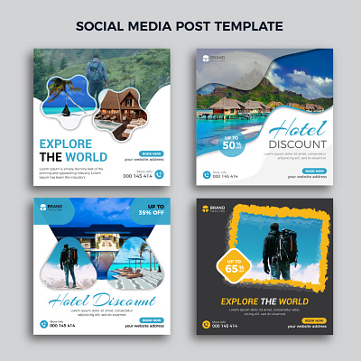 Travel tour social media post or blue banner design template travel company
