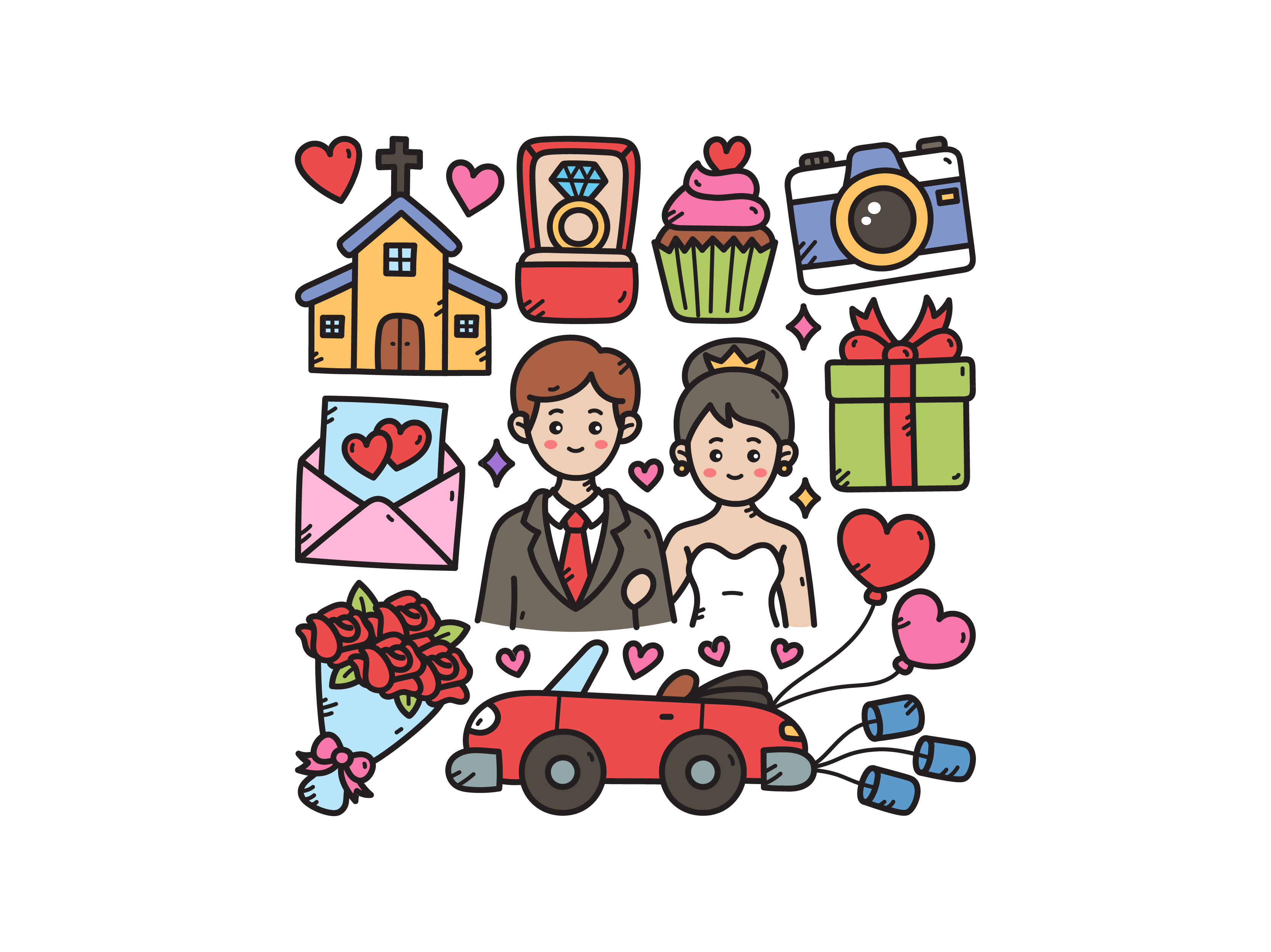 Wedding Doodle Set cute diamondring doodle flower icon illustration invitation rose vector wediding