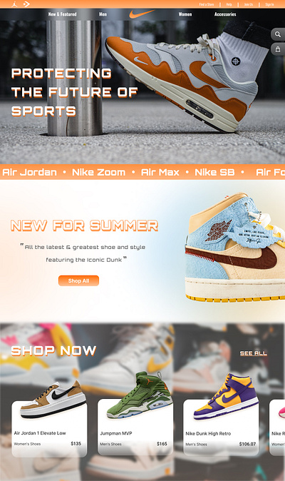 Nike Web Design with Prototype animation app app design app ui branding design figma graphic design icon illustration landing page logo mockups one page web prototype typography ui ux vector web design