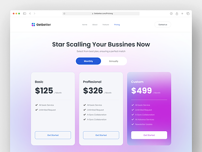 Getbetter - Saas Pricing Page card design finance financial interface invoice landing page landingpage money payment pricing rate saas saas landing page stat ui ux