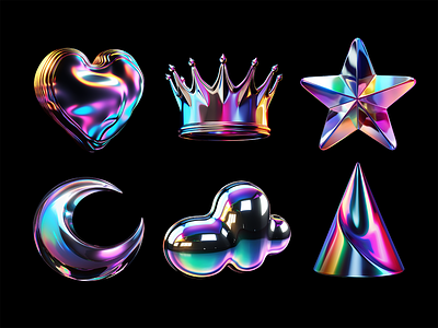 Bold holographic melted chrome icons chrome cloud colorful crown heart holographic icons iridescent liquid melted metal molten moon reflective set star