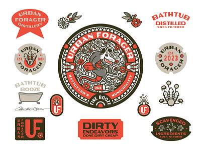 Urban Forager Exploration badge botanical branding design illustration illustrator liquor logo manhole mascot possum typography vector