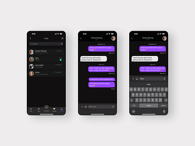 A messaging interface black chat dark darkmode iphone message minimalism mobile purple social media ui ux сообщения чат