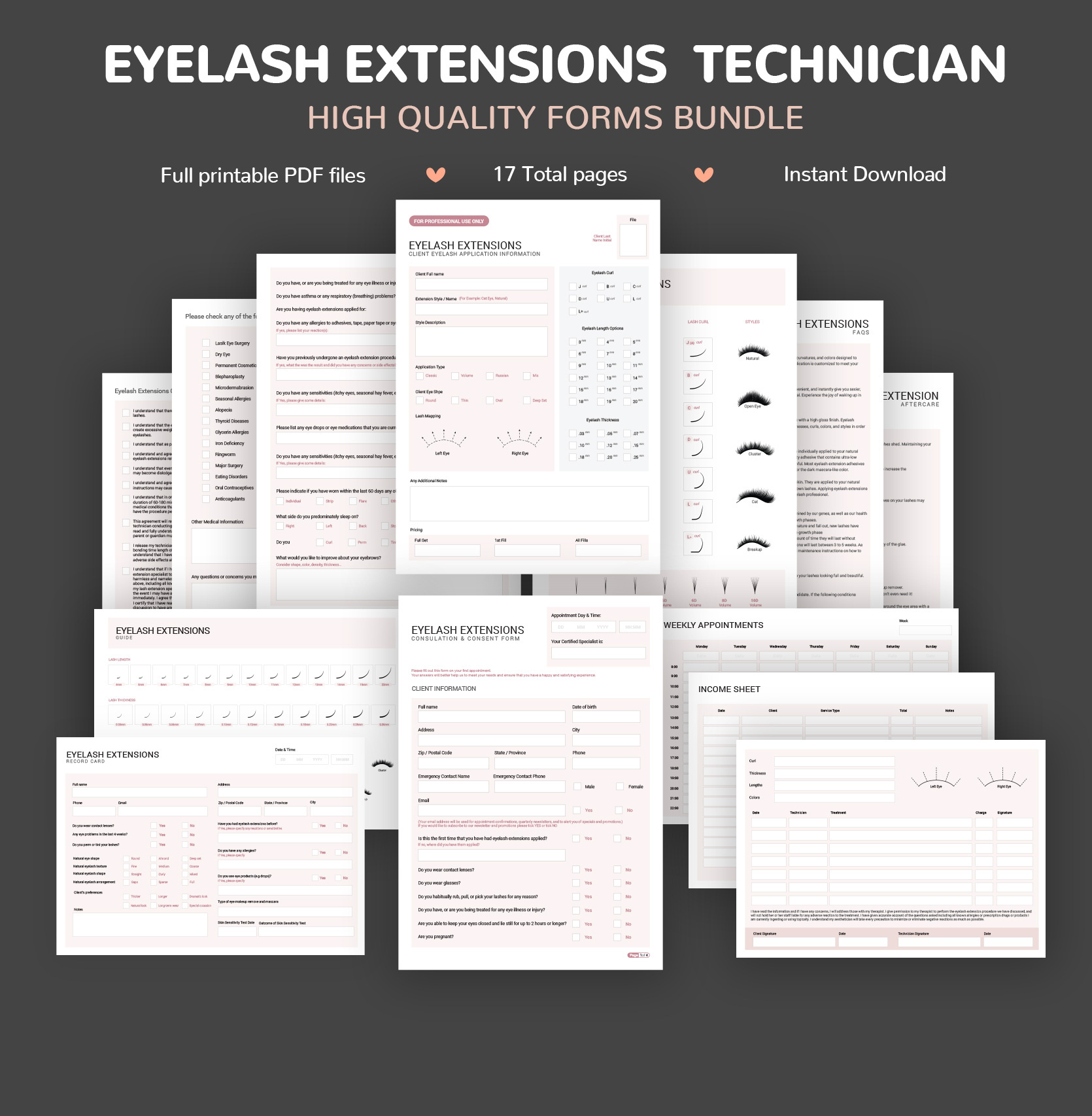Eyelash Extension Technician Forms Bundle aftercare cards client intake forms consent release lash guide lash mapping