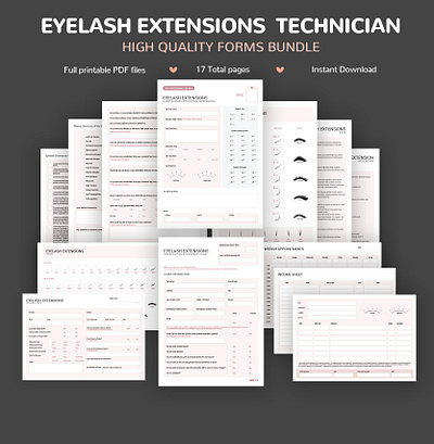 Eyelash Extension Technician Forms Bundle aftercare cards client intake forms consent release lash guide lash mapping