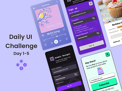 Daily UI Challenge: Day 1-5 daily challenge ecommerce login screen music player popup product card product design sign up square academy subscribe ui ui design user interface ux ux design
