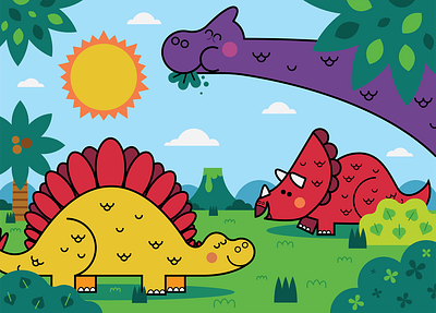 Dino friends just hanging out! adobe illustrator design dinosaurs eating graphic design green illustration kidlit kidlitart kidlitartist kidlitillustration purple red sun vector volcano yellow