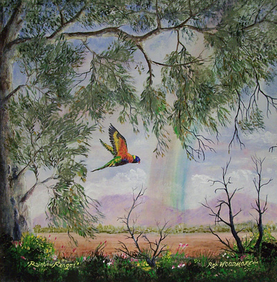 Rainbow Ranges accomplished artist australian bird creation eucalyptus famous famoustreepaintings fineart flindersranges gumtrees hills lorikeet nature outback rainbow rexwoodmore southaustralia trees wildflowers