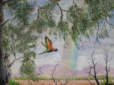 Rainbow Ranges accomplished artist australian bird creation eucalyptus famous famoustreepaintings fineart flindersranges gumtrees hills lorikeet nature outback rainbow rexwoodmore southaustralia trees wildflowers