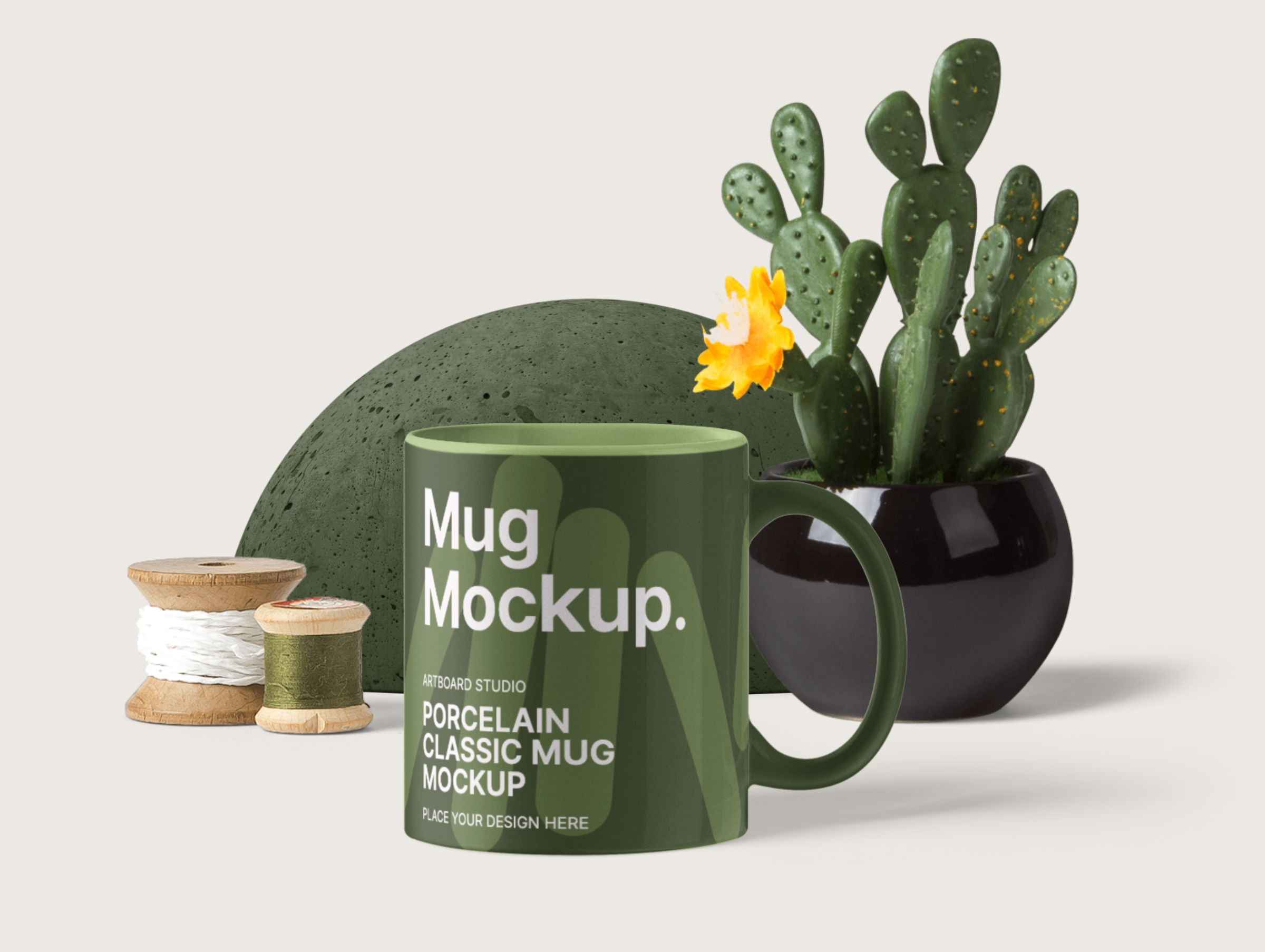 Realistic Porcelain Classic Mug Mockup Wit Decorative Items By Artboard