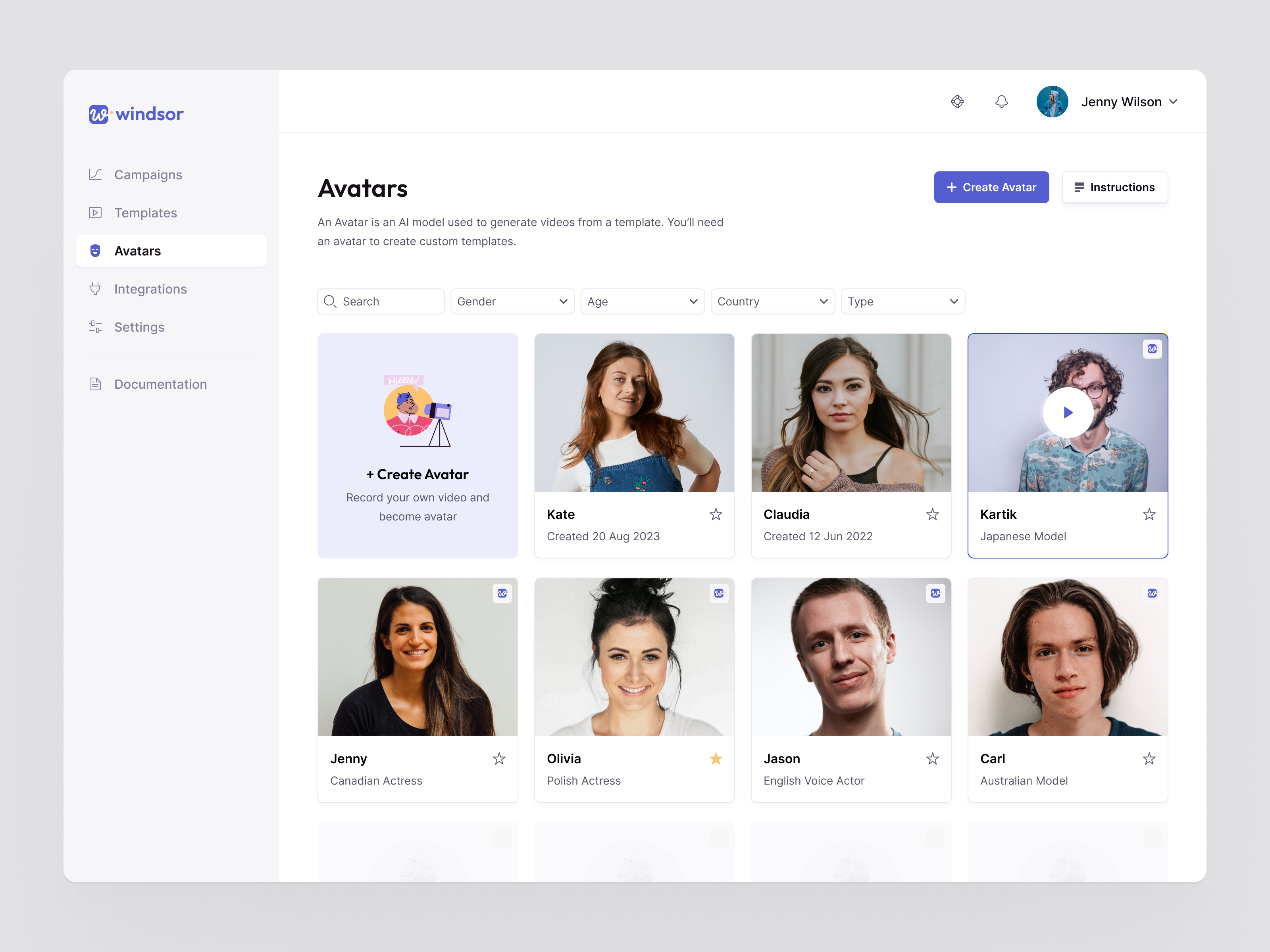 Windsor.io - Avatars Library ai app avatar clean create design email flow list marketing marketplace saas steps template tile ui upload ux video web