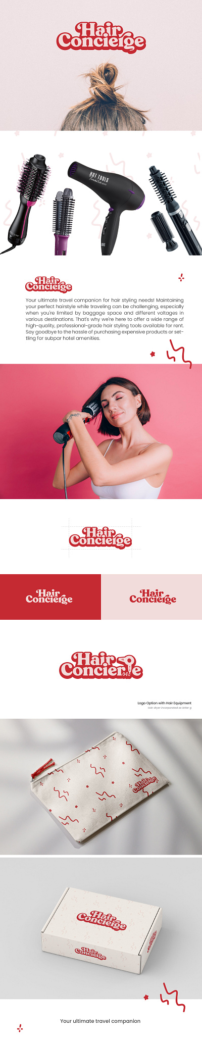 Logo design - Hair Concierge bag branding closure logo graphic design hair dryer logo hair salon logo hair styling logo hairstyling hairstyling tool logo hairstylist illustrator logo design package pink pink logo red red logo salon logo social media women