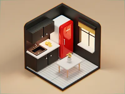 A tiny kitchen 3d apartment blender flower house illustration isometric room
