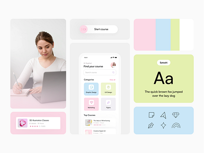 Learning App app branding course dailyui design designer e learning graphic design green learning mobile pastel pink ui ux