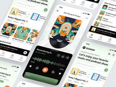 Podcast & Music Mobile App - Rungon android app design apps audio audiobook clean ios mobile mobile design music music app music player podcast podcast app podcasts record sound sounds app ui design uiux
