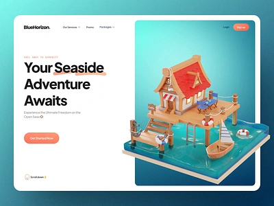 BlueHorizon - 3D Sea Adventure 2d 3d animation blender cartoon color cute design dribbble header illustration isometric landing page lowpoly motion graphics ui ui ux ui visual design web design website