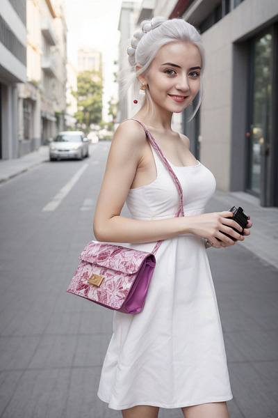 A beautiful girl in a white dress walks in the street. (AI) ai generated ai image animation motion graphics photo