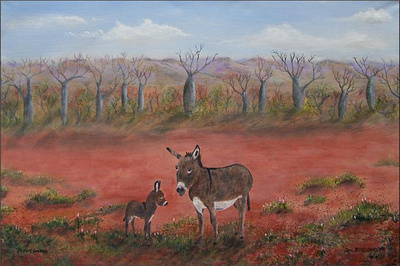 Desert Donkeys accomplished animals artist artwork australian beautiful bluesky boab creation desert donkeys famous famoustreepaintings fineart original professional reddirt rexwoodmore trees