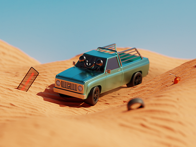 Pickup in desert 3d blender c4d car chrome color desert design environment graphic design green illustration pickup render rims sky smile sun tire truck