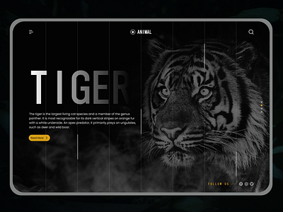 Roaring Majesty: Tiger's fierce elegance. accessibility animals app branding clean dark mode design dribbble figma hero banner minimal nature tiger hero background tiger hero section design tiger themed web design tiger web banner typography ui website wildlife