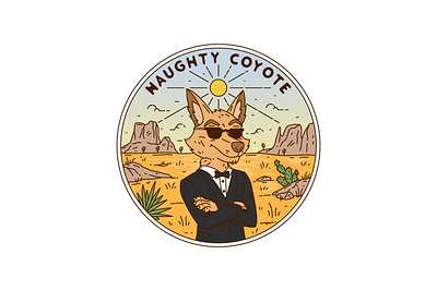 Naughty Coyote adventure apparel badge brand branding design emblem illustration label landscape line lineart logo monoline patch pin tshirt vector