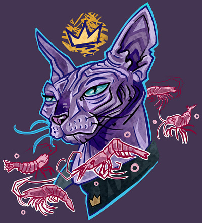 Sphinx cat. Royal cat. Drawing cat. Shrimps artist cartoon style cat crown design charaster illustration pets print violet