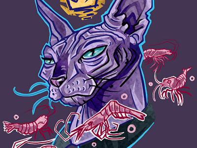 Sphinx cat. Royal cat. Drawing cat. Shrimps artist cartoon style cat crown design charaster illustration pets print violet