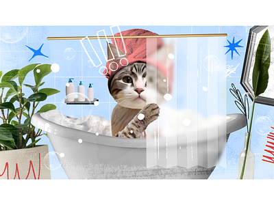 Kitten collage animation 2d animal animation bath bath screens bathroom cat character collage deforge flowers gif illustration kitten motion pet shower
