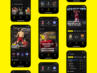 Sports News App app branding button cards dark mode design mobile design news slider sports stories ui ui card unique ux yellow