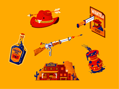Cowboy stuff arrow bottle cowboy hat illustration knife lever action rifle poster reload rifle saloon snake oil spitoon texture thierry fousse vector wanted