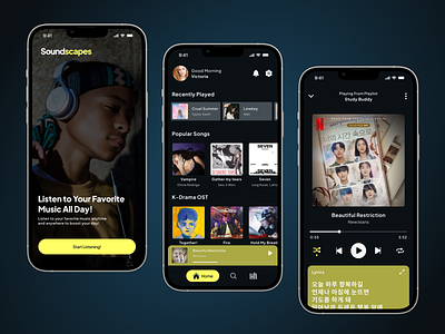Soundscapes - Music Streaming Mobile App album at time i called you dark ui figma ios app joox kdrama kpop minimalist mobile app music app music player playlist song sound spotify stream streaming app ui user interface