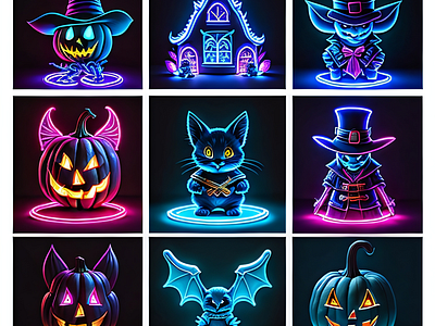 Neon Halloween ai bat design ghosts halloween illustrations mockup neon pumpkin skeleton sticker sticker sheet design