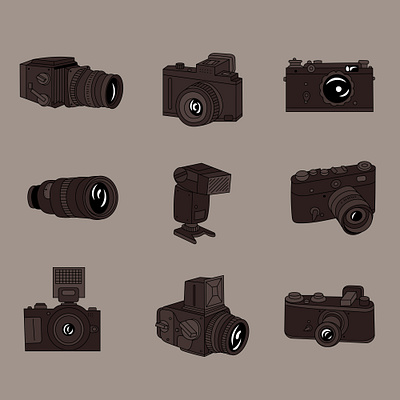 A set of vintage cameras and flashes app branding design graphic design illustration logo typography ui ux vector