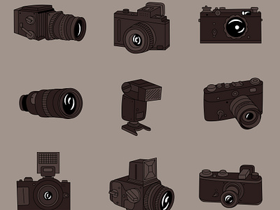 A set of vintage cameras and flashes app branding design graphic design illustration logo typography ui ux vector