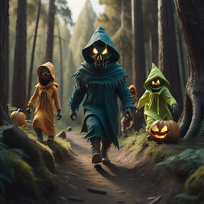 Watch out here they come! 3d modelling ai forest halloween illustration pumpkins scary skeleton