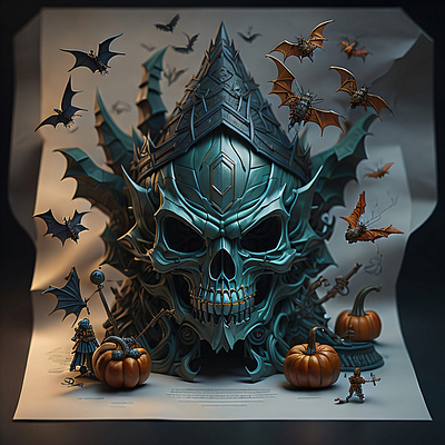 The paper has come to life! 3d modelling ai bat halloween illustration metal pumpkins scary skeleton skull